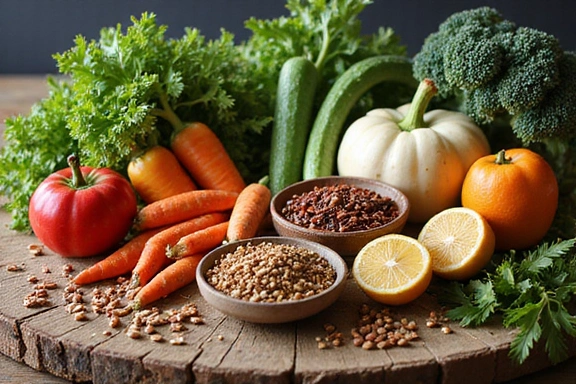 Różnorodność świeżych warzyw i owoców na drewnianym stole, symbolizująca dietę roślinną